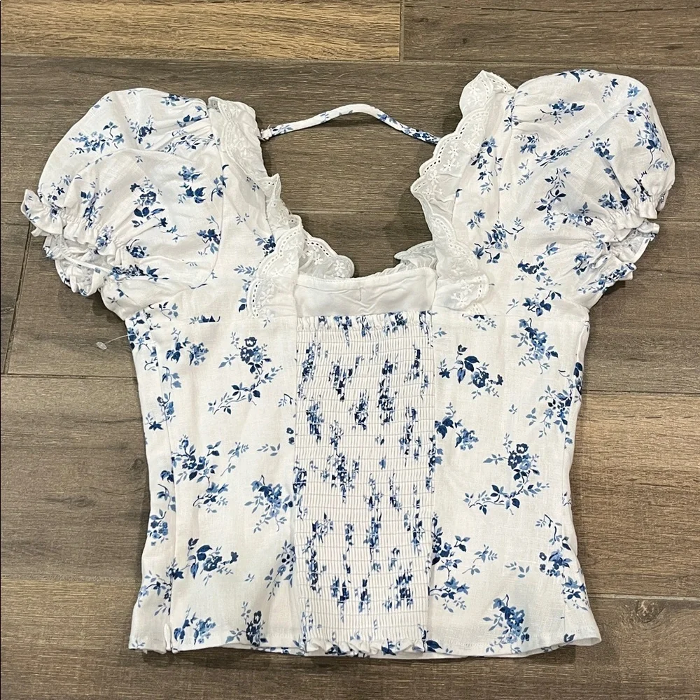 NEW Reformation Alice Lace Trim Puff Sleeve Crop Top Size 2